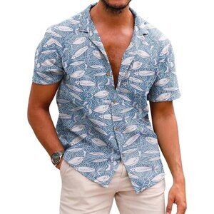 Men's Blue Hawaiian Floral Shirt Cotton Linen Button Down Tropical Shirt